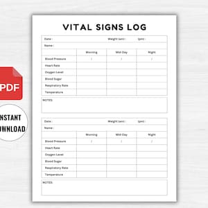 Vital Signs Log. Printable vital sign chart. Nursing vitals sheet. Caregiver tracker. Blood Pressure Log. Vital Signs Template. Blood Sugar