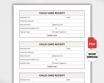 Daycare Receipt Printable. Childcare Receipt for child care services. Daycare Receipt for business and home daycare. Child Care Payment Form
