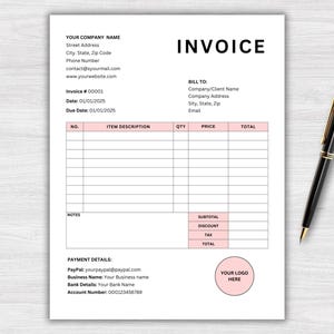 May include: A blank invoice template with a pink and white color scheme. The template includes sections for company information, billing details, item description, quantity, price, total, subtotal, discount, tax, and payment details. The template also includes a space for a logo.