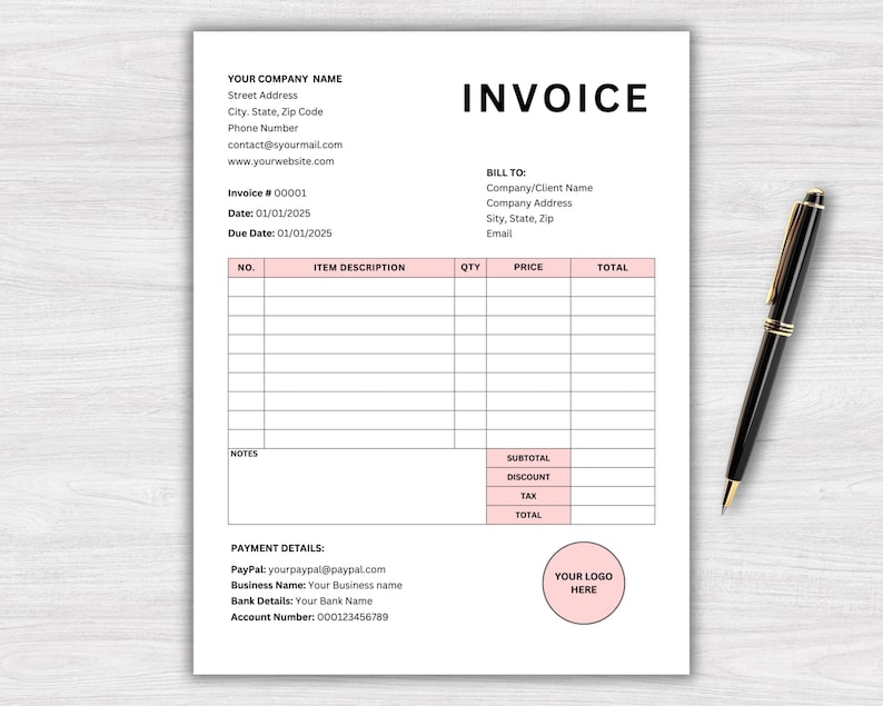 May include: A blank invoice template with a pink and white color scheme. The template includes sections for company information, billing details, item description, quantity, price, total, subtotal, discount, tax, and payment details. The template also includes a space for a logo.