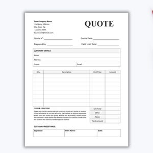 May include: A blank quote form with fields for customer details, itemised pricing, and terms and conditions. The form includes sections for quote number, date, valid until date, sub total, other, taxes, and total amount.