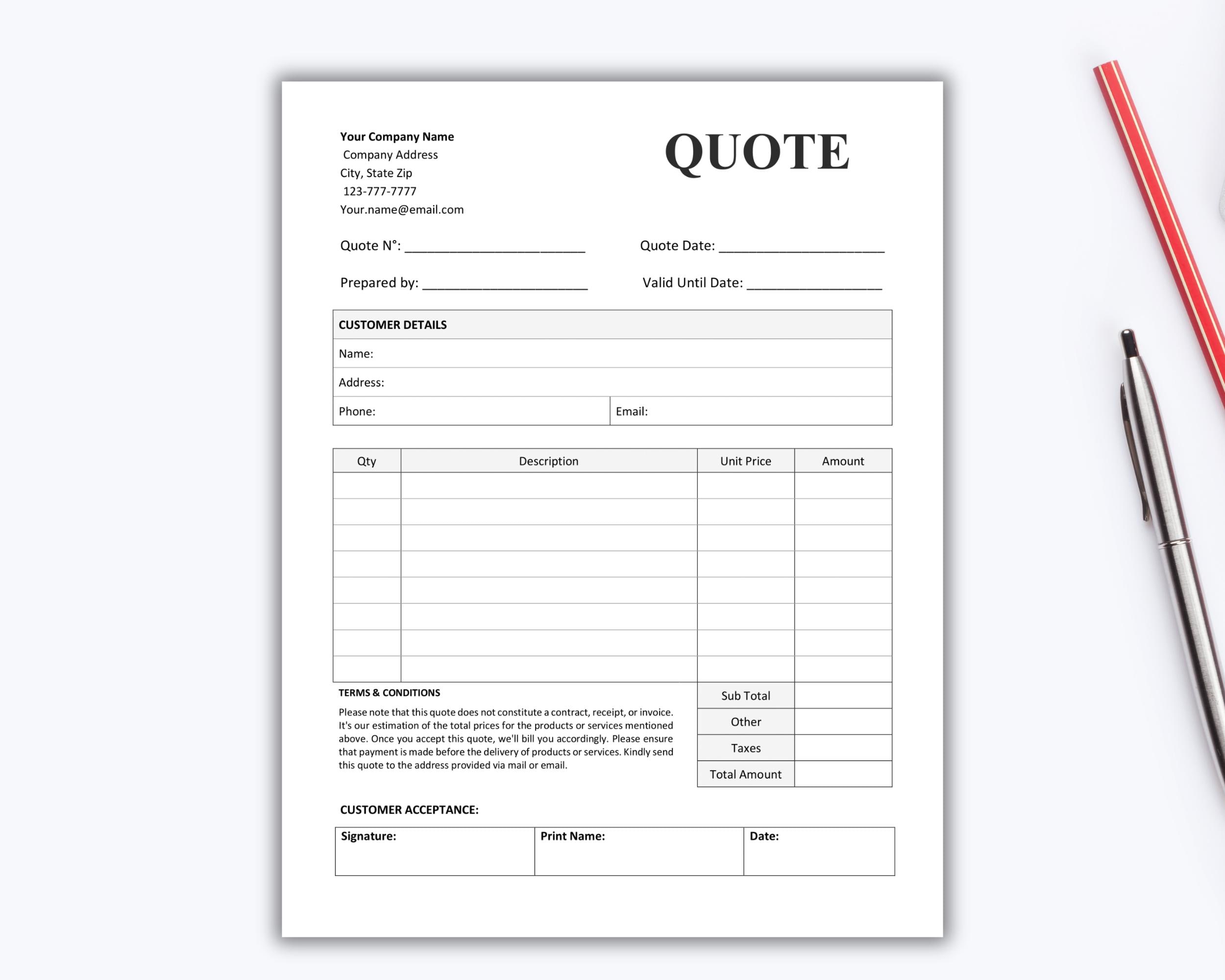 Editable Quote Template: Job Proposal, Price Quotation (Google Docs/Microsoft Word)
