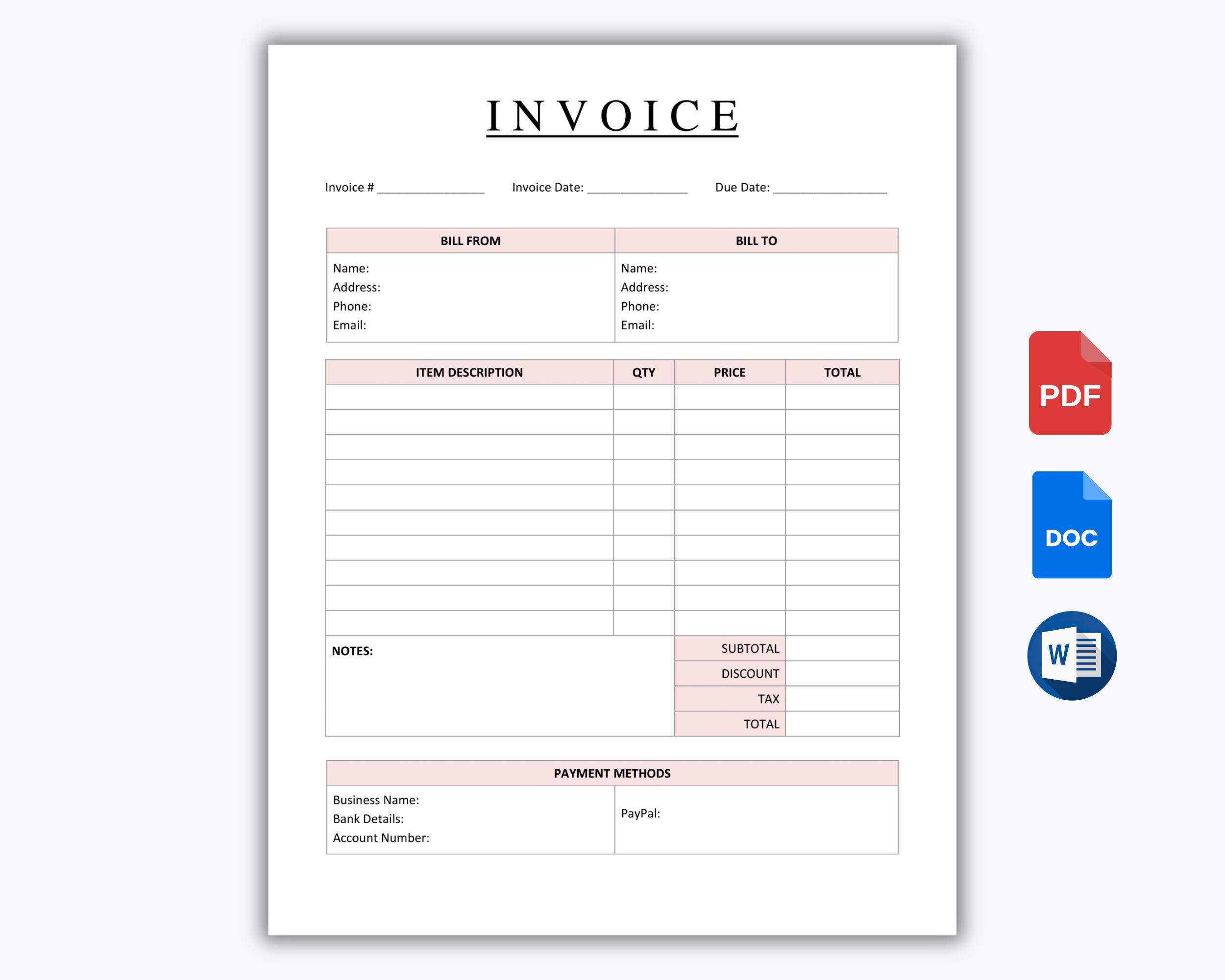 Editable Professional Invoice Template | Custom Business Billing Form ...