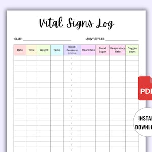 May include: A printable vital signs log with columns for date, time, weight, temperature, blood pressure, heart rate, blood sugar, respiratory rate, and oxygen level. The log is designed for tracking vital signs over time.
