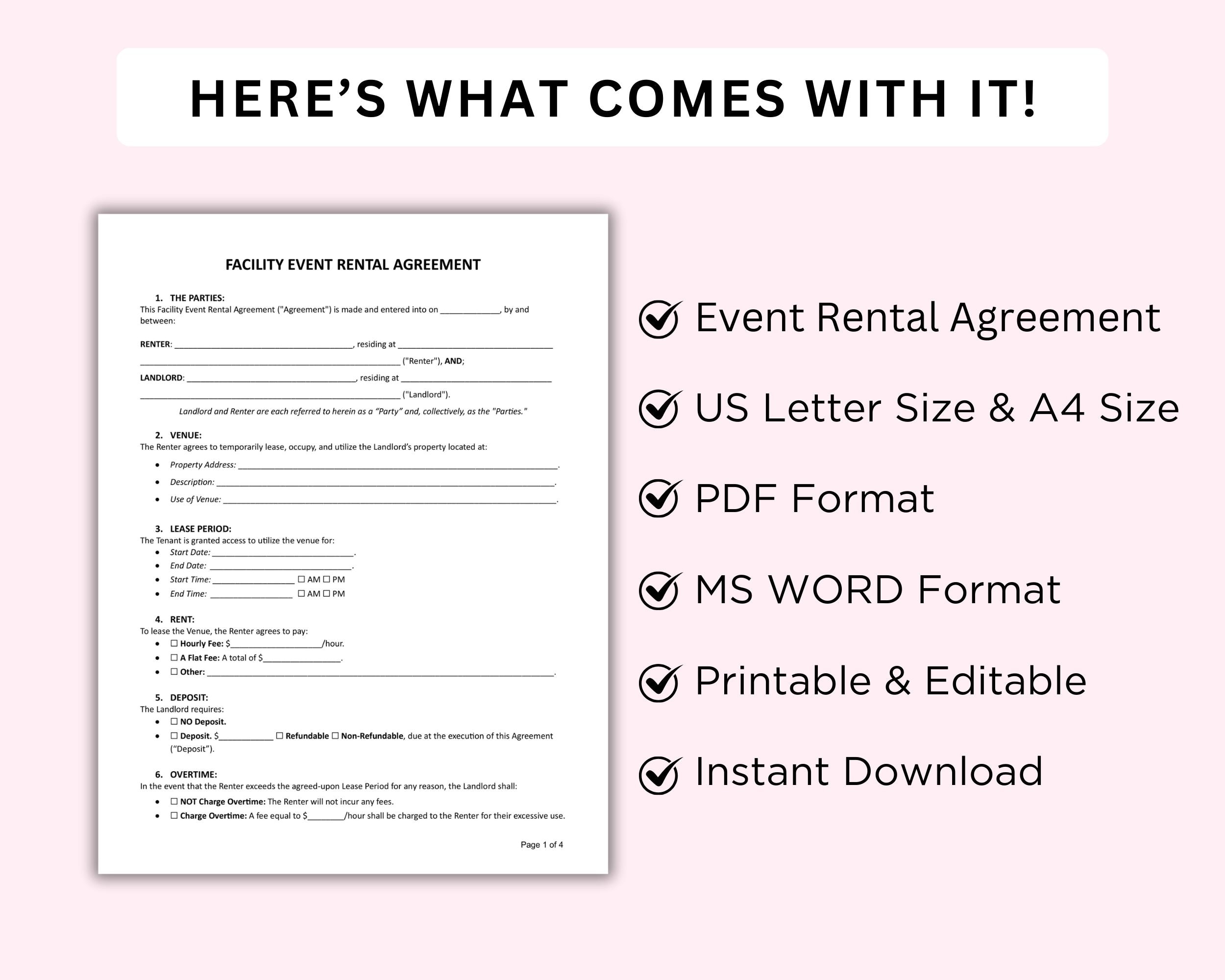 Facility Event Space Rental Agreement Template, Printable Venue Rental ...