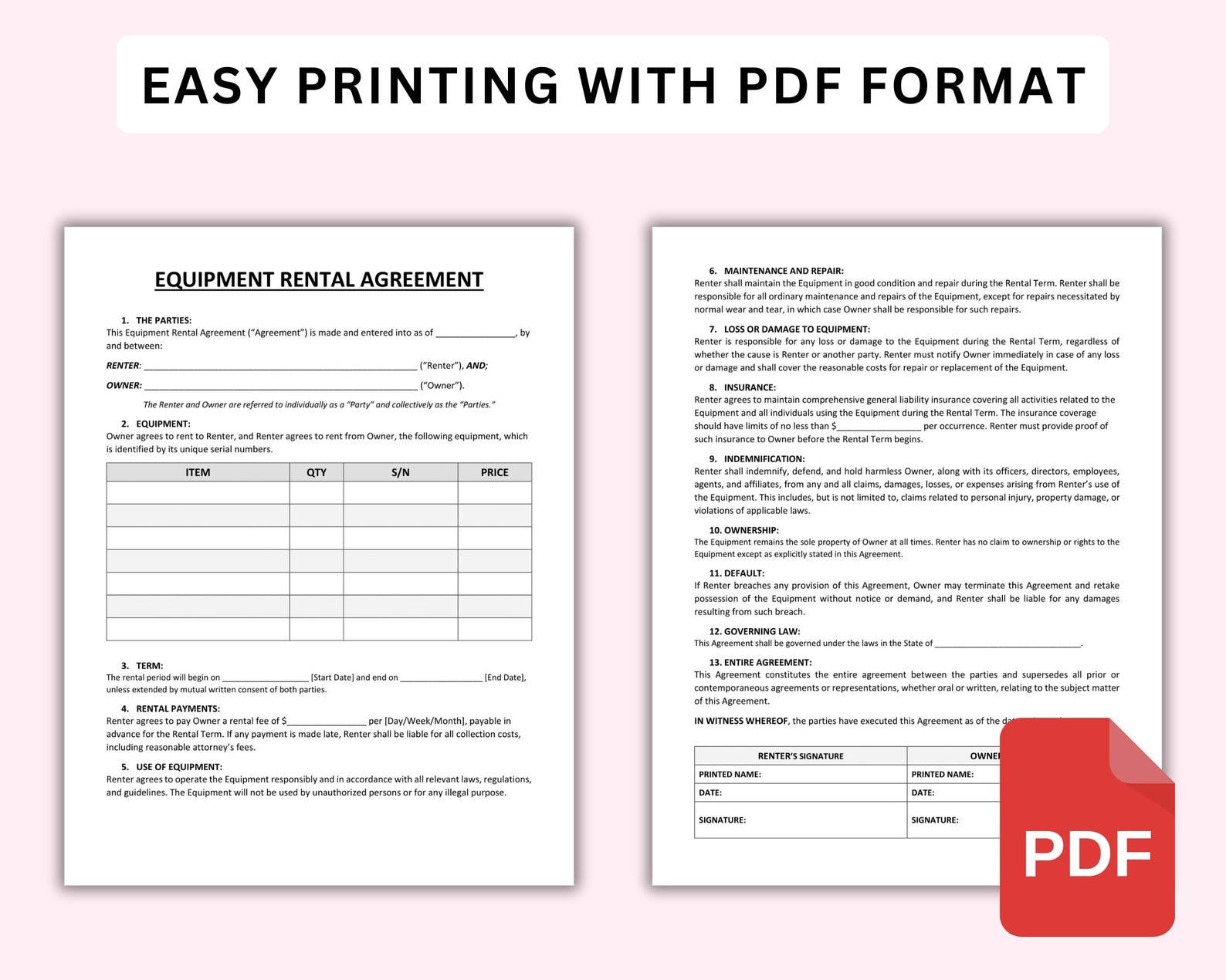 Equipment Rental Agreement Templates Editable. Equipment Rental ...