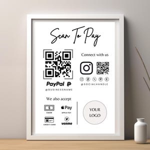 Sinal de código QR editável para modelo de pequenas empresas. Modelo de sinal de pagamento para impressão. Sinal de mídia social de código QR Venmo. CashApp. Modelo Canva