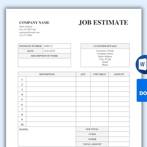 Puede incluir: Un formulario de presupuesto de trabajo en blanco con secciones para los detalles del cliente, la descripción del trabajo, la cantidad, el precio unitario, el importe, el subtotal, los impuestos, otros y el importe total. El formulario también incluye campos para el número de presupuesto y la fecha.