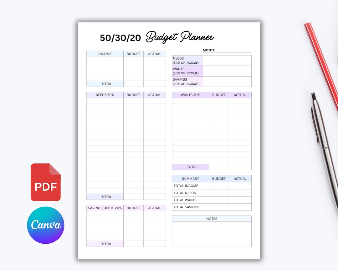50/30/20 Budget Planner Canva Template, Monthly Financial Tracker ...