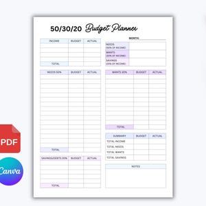 50/30/20 Budget Overview Template Printable PDF, Monthly Budget Planner 50/30/20 Rule, Income & Expense Money Management Worksheet EDITABLE