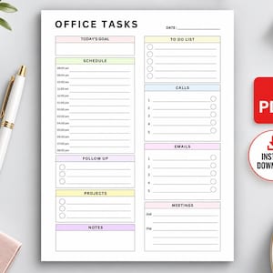 May include: A white paper planner sheet titled OFFICE TASKS with sections for Today's Goal, Schedule from 8:00 am to 8:00 pm, To Do List, Calls, Emails, Follow Up, Projects, Meetings, and Notes, featuring pastel-coloured headers and lines.