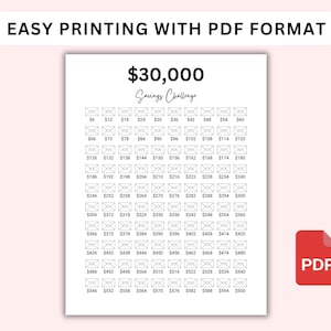 May include: A printable savings challenge tracker with a $30,000 goal. The tracker is formatted as a grid of envelopes with numbers from 6 to 500 in increments of 6. The text "$30,000 Savings Challenge" is at the top of the page.