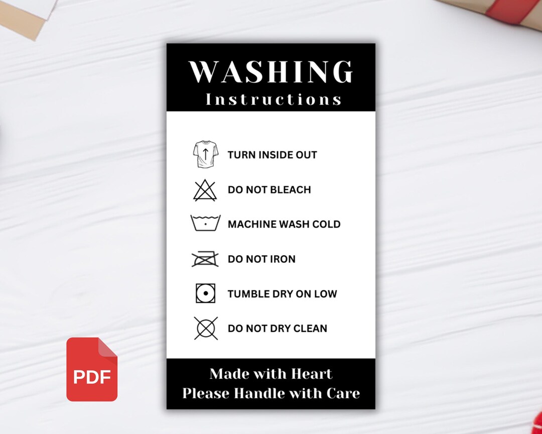 Printable Washing Instructions.pdf Printable Washing Instructions Card PDF, Washing Care Card, Small ...