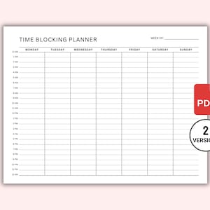 May include: A printable time blocking planner with a weekly layout. The planner includes columns for each day of the week, from Monday to Sunday, and rows for each hour of the day, from 12 AM to 12 AM. The planner is designed to help users schedule their time and stay organised.
