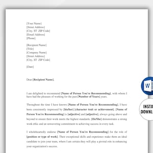 Plantilla de carta de referencia personal imprimible. Carta de referencia profesional. Carta de recomendación. Carta de recomendación editable en Word