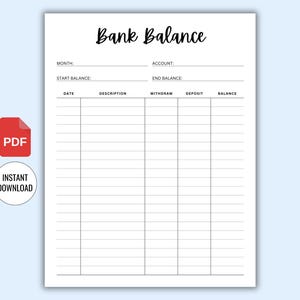 Bank Balance Printable | Bank Account Log | Savings Sheet | Banking Record | Finance Log | Money Saving Sheet | Income Spending Tracker