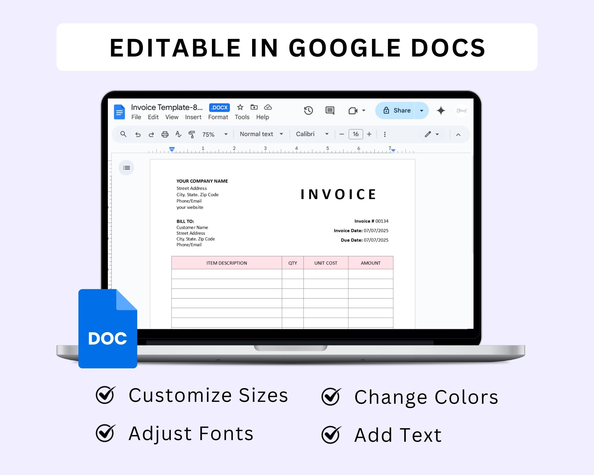 Invoice Template Word & Google Docs. Editable Business Invoice Form ...