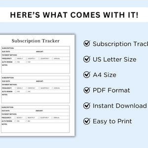 Subscription Tracker Printable | Digital Budget Planner Insert | Bill ...