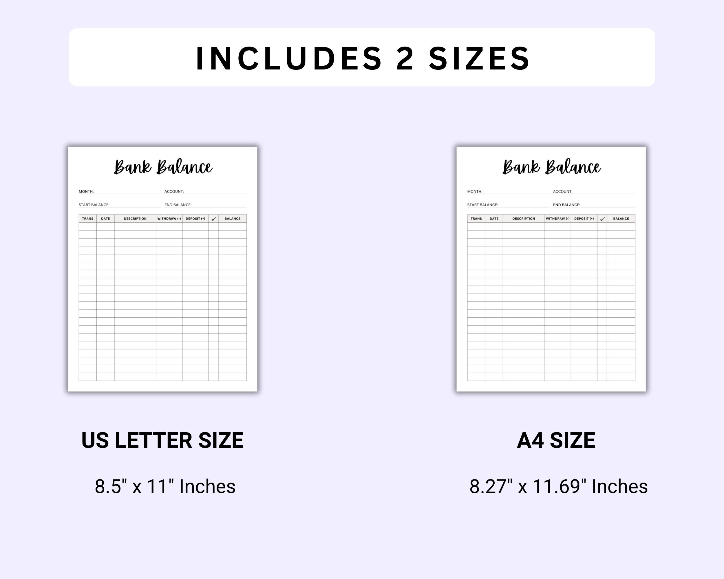 Bank Balance Printable, Account Tracker, Bank Account Log, Balance ...