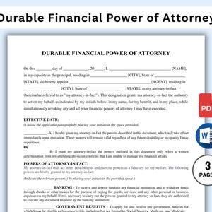 Durable Financial Power of Attorney Template Printable, Editable Durable Financial Power of Attorney Form. Digital Download WORD & PDF