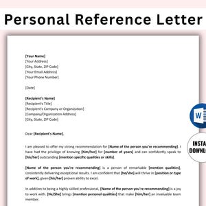 Modello di lettera di referenza personale modificabile, lettera di referenza del carattere, lettera di raccomandazione stampabile, download di Word e PDF