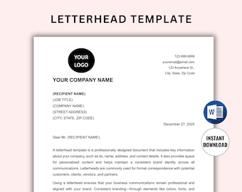Editable Letterhead Template. Printable Modern and Professional Letterhead. Small Business Marketing and Branding. Company Letterhead Word