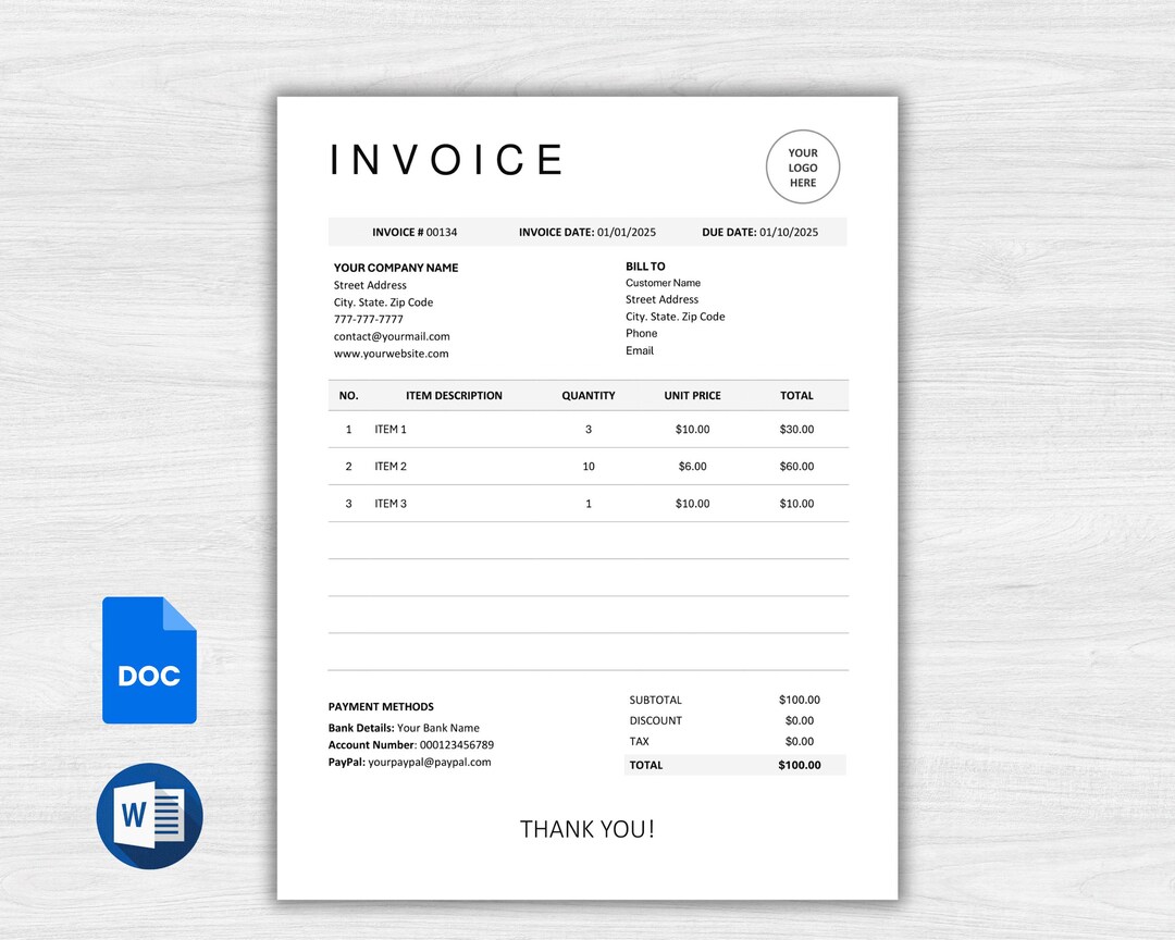Invoice Template Word Google Docs, Modern Printable Billing Template ...