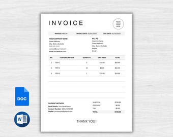 Invoice Template Word Google Docs, Modern Printable Billing Template, Editable Custom Invoice Form, Instant Download