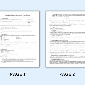 K&ouml;nnte beinhalten: Zweiseitiges Dokument mit dem Titel "INDEPENDENT CONTRACTOR AGREEMENT" mit Text und Kontrollk&auml;stchen. Seite 1 ist mit "PAGE 1" und Seite 2 mit "PAGE 2" beschriftet. Das Dokument befindet sich auf hellblauem Hintergrund.