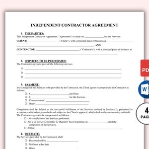 Independent Contractor Agreement Template, Editable Contract Form, Printable Independent Contractor Contract, Freelancer Business Agreement