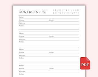 Printable Contact List. Address book printable. Client Contact information PDF. Planner templates. Instant Download. A4 and Letter size.