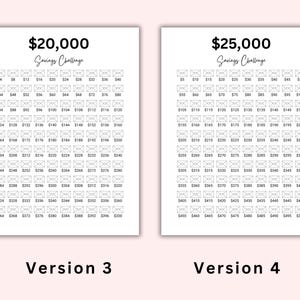 May include: Two printable savings challenge trackers. The left tracker is for a $20,000 savings goal and the right tracker is for a $25,000 savings goal. Each tracker has a grid of 10 rows and 10 columns of envelopes. Each envelope has a dollar amount printed on it.
