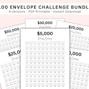 May include: Six printable envelope challenge sheets for saving money. The sheets are black and white and feature envelopes with numbers from 1 to 100. The sheets are labeled with different savings goals: $5,000, $10,000, $20,000, $25,000, $30,000, and $50,000.