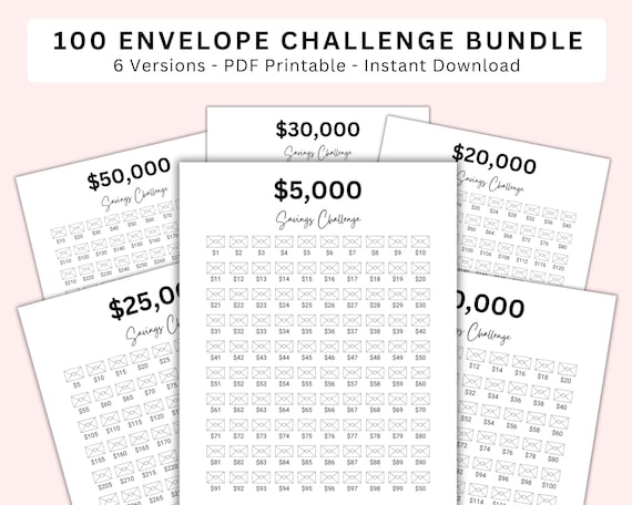 100 Envelope Savings Challenge Bundle. 50000 Savings Challenge. 50,000 Savings Tracker Printable. Money Savings Challenge. Digital Download