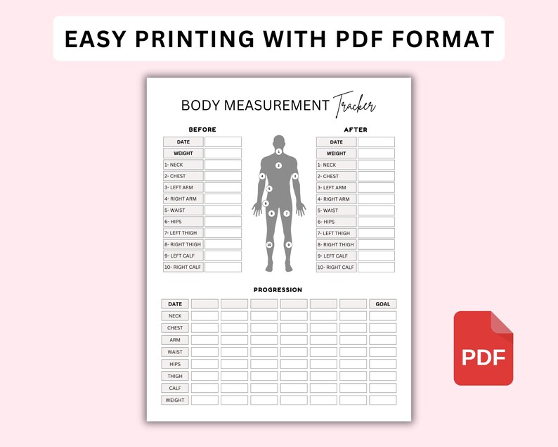 Fitness Progress Tracker Printable, Body Measurement Chart, Body ...
