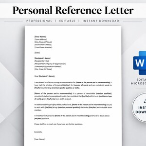 以下が含まれることがあります： 連絡先情報や推薦の詳細を入力するためのプレースホルダーを備えた、白地に黒文字の個人推薦状のデジタルテンプレート。青いMicrosoft Wordアイコンとインスタントダウンロードのシンボルが含まれています。