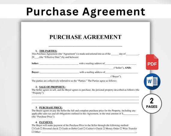 Printable Purchase Agreement Template, Editable Purchase and Sale Contract, Business Contract of Sales, Property Purchase agreement PDF Word