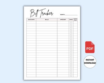 Monthly Bill Tracker Printable, Bill Payment Checklist, Bill Organizer, Finance Planner, A4 Letter PDF Download