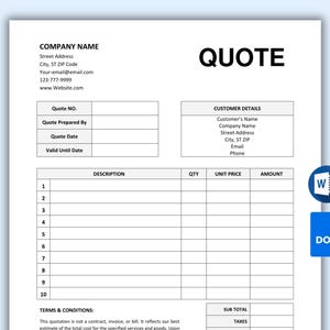 Printable QUOTE Template, Printable Quote Form, Job Proposal, Small Business Price Quote, Contractor Quote Form, Google Docs/Microsoft Word