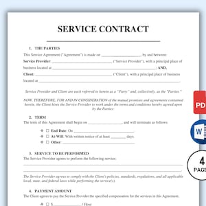 Editable Service Contract Template. Services Contract Agreement. Service Contract form. Printable PDF & MS Word. Instant Download