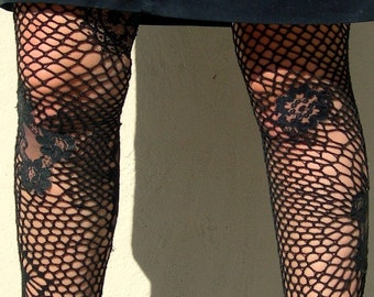 Sexy Handmade Black Fishnet Thigh High Stockings - Hand Crocheted with Lace Inserts