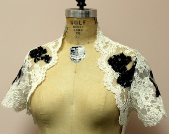 SAMPLE SALE Lace Bridal Bolero - Custom Black and White Lace Applique