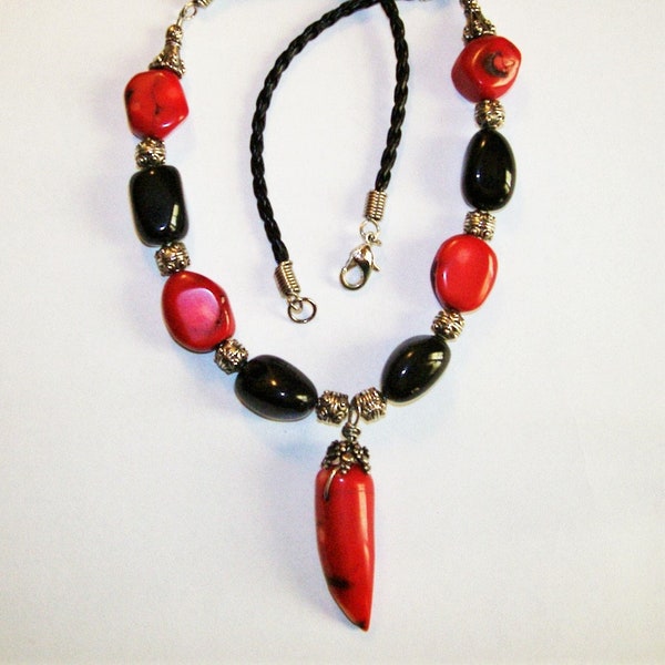 Red Bamboo Coral/Black Obsidian Stones/Coral Fang Style Pendant/ Braided Leather Necklace for Unisex Adults/ Biker Chick/Biker Dude