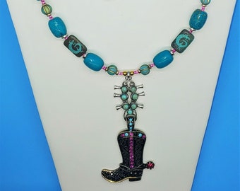 Cowgirl Boot Necklace/Rhinestone Boot Pendant/Turquoise Necklace/Western Jewelry/Rodeo Jewelry/Native American Style/Desert Southwest/Gift