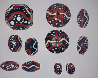 Vintage 1970s Hand Painted Wooden Beads/Red White Blue wooden beads/UFO and Barrel Shape/Oval Peanut Shape/Jewelry making supply/craft beads