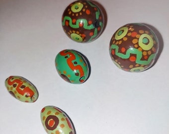 Vintage 1970s Original Hand Painted wooden beads/craft beads/Jewelry making beads/Whimsical Wooden Beads/OOAK/Jewelry Supplies/Teal Orange