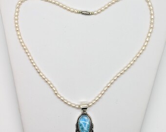 Larimar Pendant Necklace, 925 Silver, Freshwater Pearl Chain