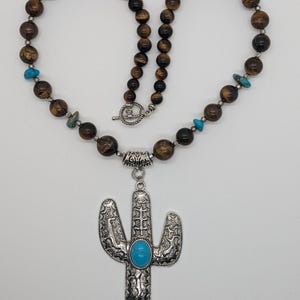 Southwest Style Desert Cactus Necklace/Silver Saguaro Pendant Necklace/Tigers Eye Desert Style Necklace/Rodeo Jewelry for Her/Saguaro Cactus