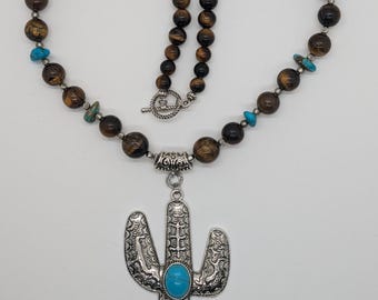 Saguaro Cactus Necklace: Silver Pendant, Tigers Eye & Turquoise