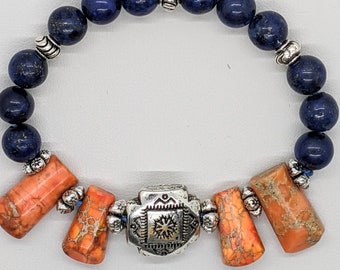 Lapis Lazuli and Ocean Jasper jewelry set/Orange Jasper and Blue Lapis Lazuli Navajo Style Set/Native American Style/Southwest Cowgirl Set